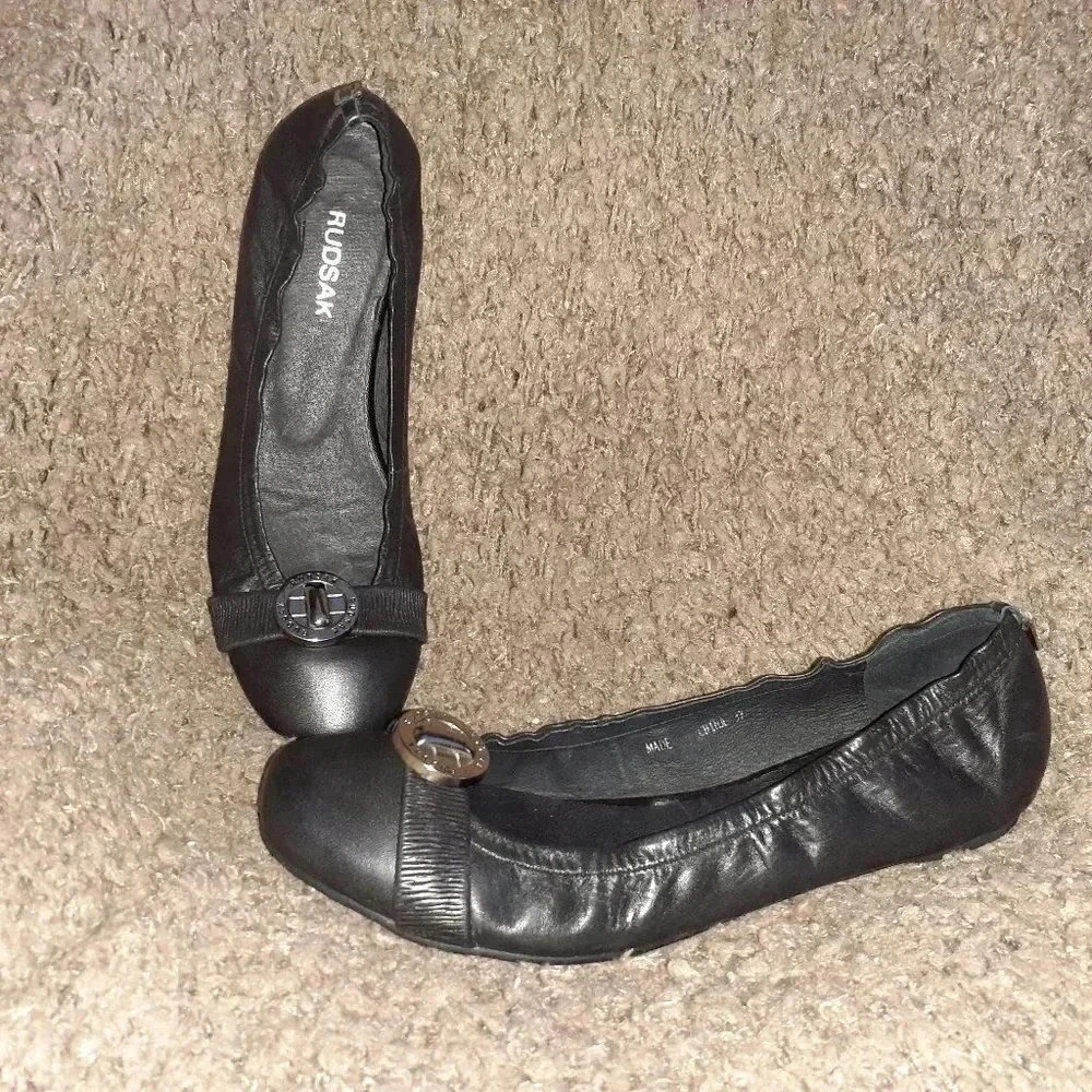 RUDSAK-Canadian Luxury-Soft Black Leather-Silver Logo-Ballet Flat-Sz37-Near Mint
